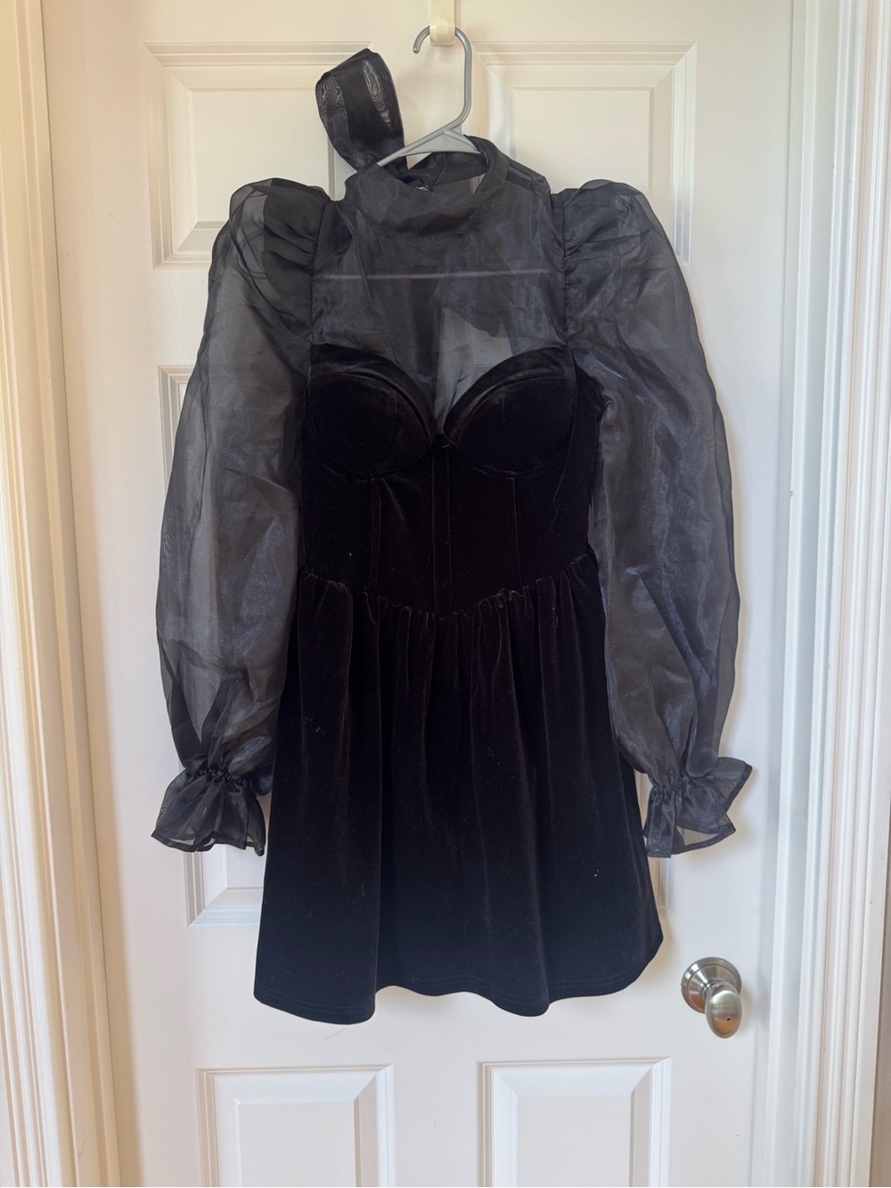 NWT Mable Black Velvet Mini Dress with Sheer Puff Sleeves